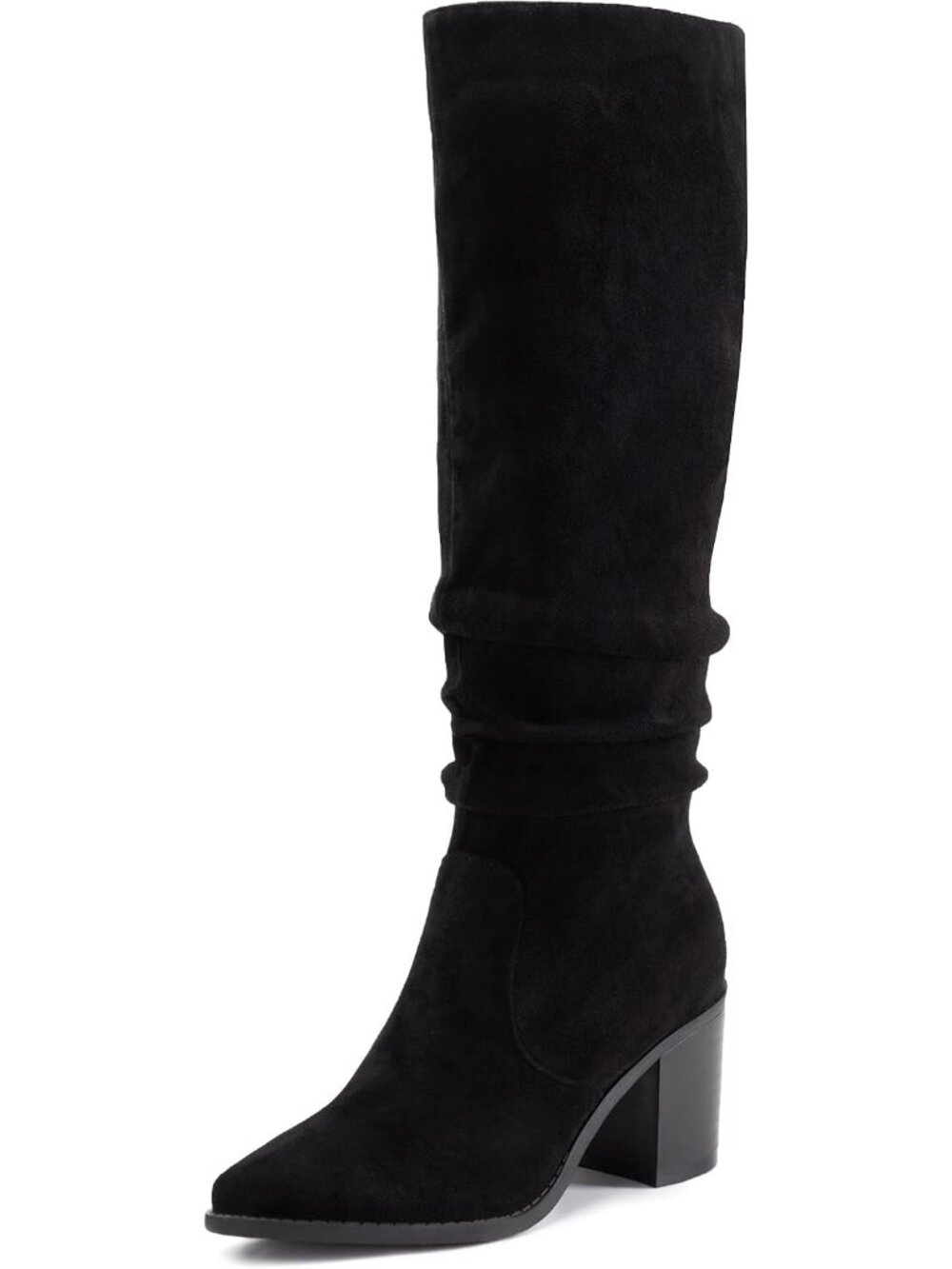 Women's Black Knee High Boots Chunky Heel Faux Suede Square Toe Tall Boots